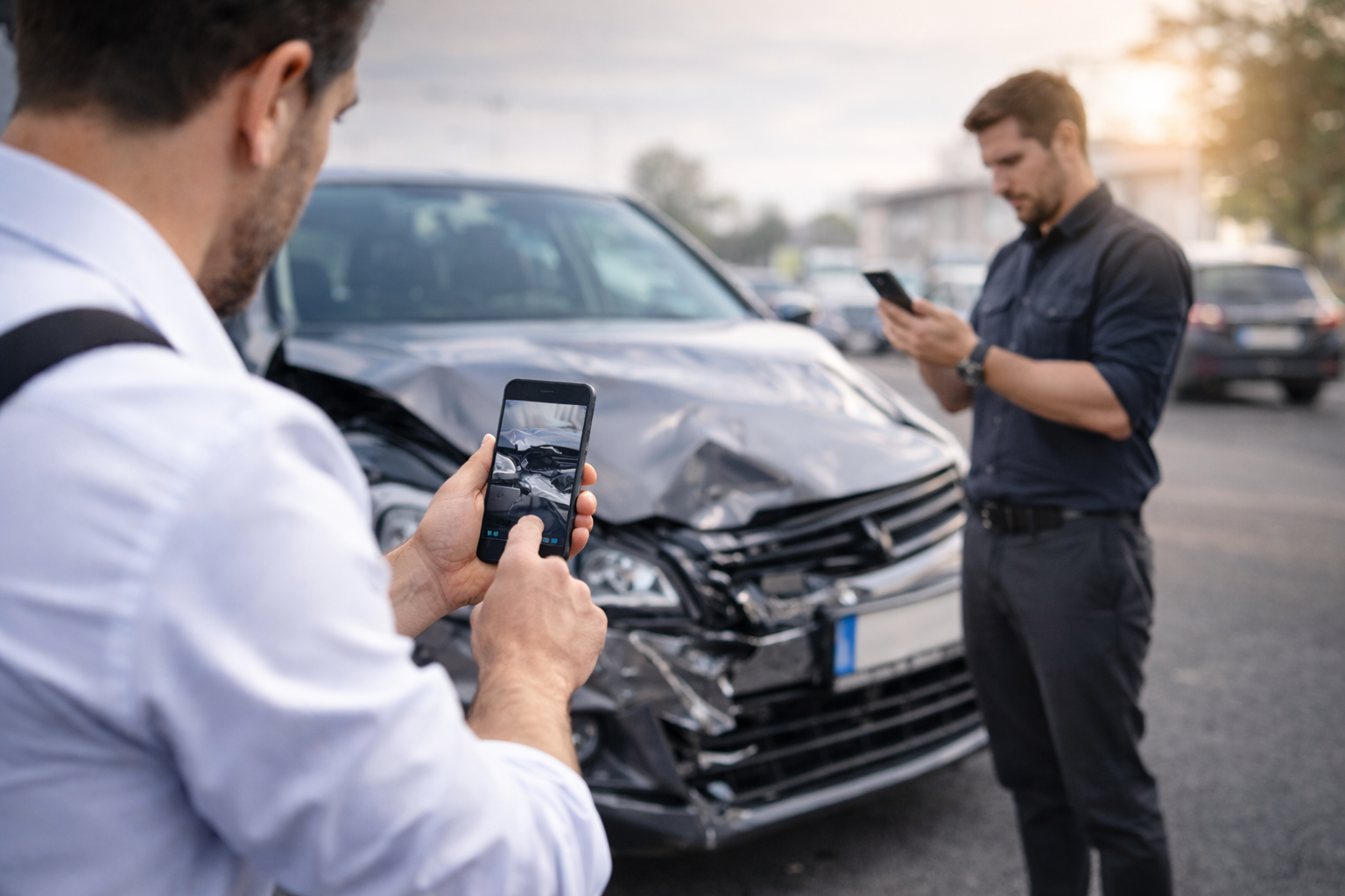 Professionelle Unfallaufnahme - Sachverständiger dokumentiert Schaden digital mit Smartphone