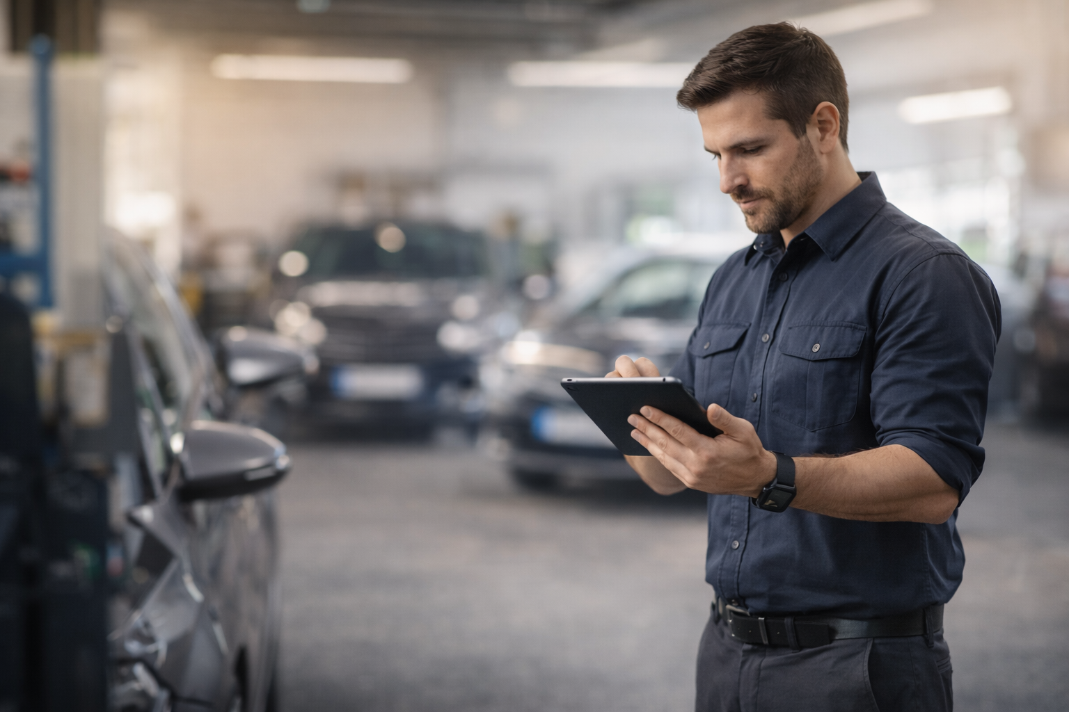Moderne Werkstatt-Kooperation - Partner nutzt digitales Portal mit Tablet